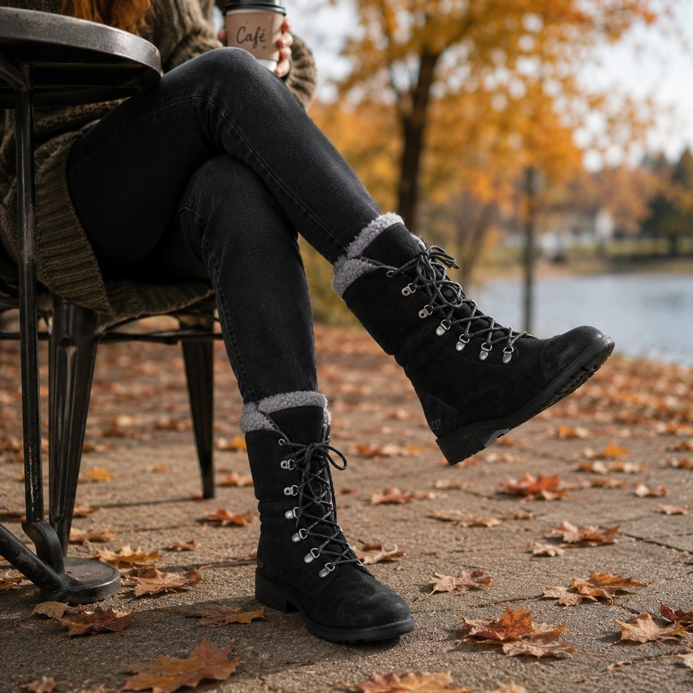 UGG Gradin Boots Suede Shearling Lined Lace Up Combat Foldover Black Women's 9.5